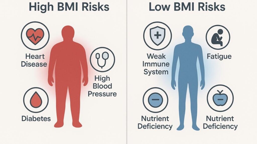 Infographic showing the main health risks associated with a high BMI, like heart disease, and a low BMI, like a weakened immune system.
