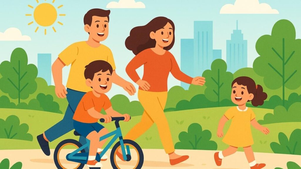 A happy family enjoying a healthy lifestyle by cycling and walking together in a park.